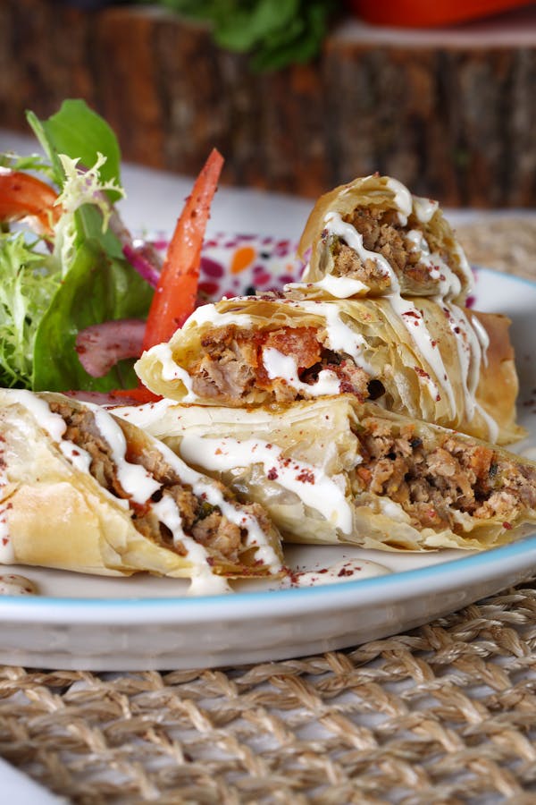 Crispy Baked Lamb & Phyllo Rolls with Garlic Yogurt Drizzle